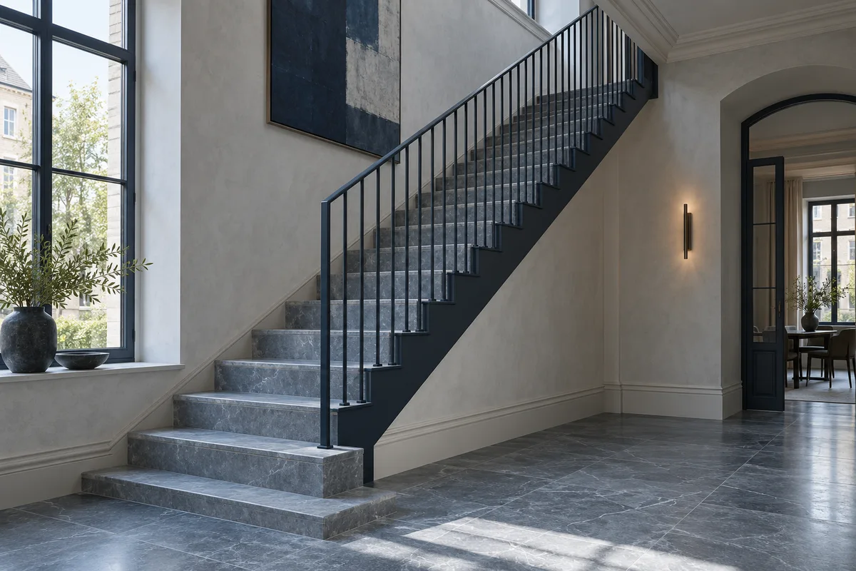 Concept architectural : escalier en pierre bleue et rampe en acier marine dans une maison